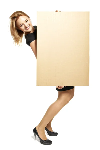 Attractive Woman Holding Up a Blank Sign - Isolated — Stock Photo, Image