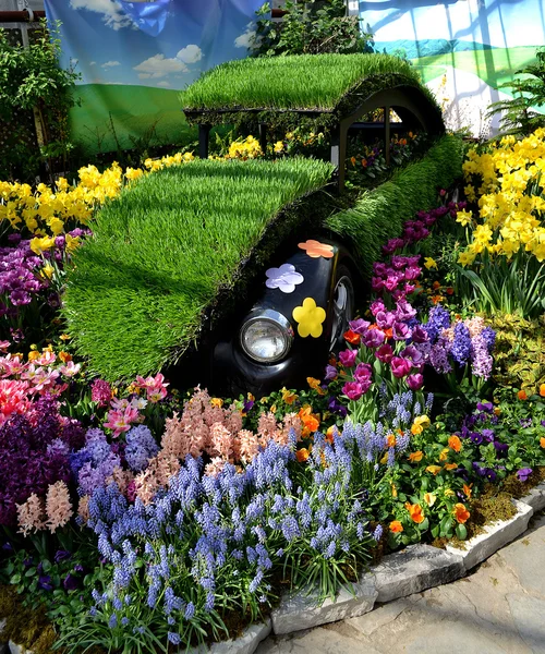 Old car in flower show. — Stock Photo, Image