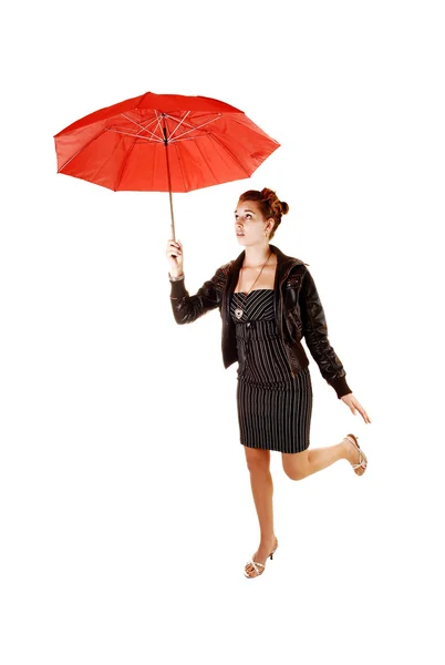 Ragazza con ombrello rosso. — Foto Stock