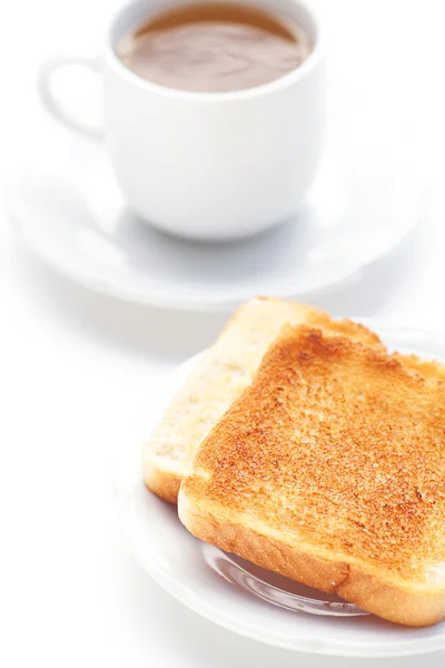 Cup of tea and toast isolated on white — Stock Photo, Image