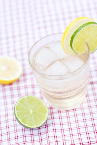 Water with lemon and lime in a glass with ice — Stock Photo, Image