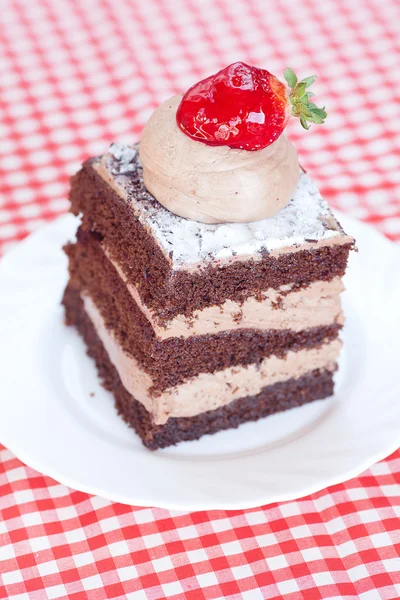 Beau gâteau à la fraise sur tissu à carreaux — Photo