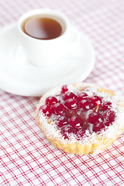 Krásný dort s ovocem a čaj na kostkované látky — Stock fotografie