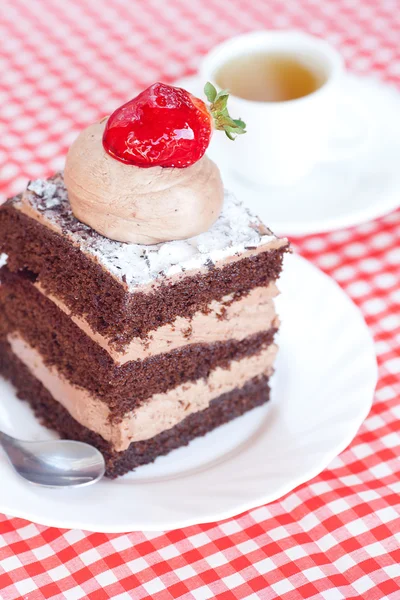 Piękny tort truskawkowy i herbata na materiał plaid — Zdjęcie stockowe