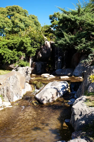 Alberi di conifere, rocce e una cascata su uno sfondo di blu — Foto Stock