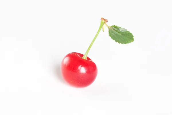 Cherry with green leaf on white background — Stock Photo, Image