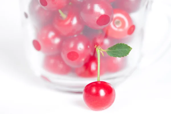 Cherry with green leaf and a cup of cherries on a white backgrou — Stock Photo, Image