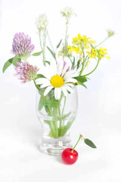 Bouquet of wild flowers and cherry with green leaf — Stock Photo, Image
