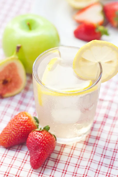 Cocktail mit Eis, Zitrone, Feige und Erdbeeren auf einem Teller — Stockfoto
