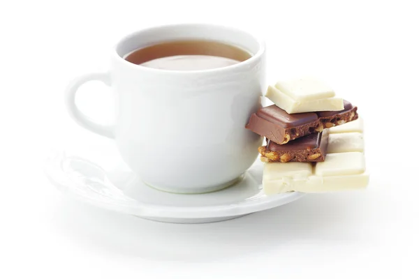 Bar of chocolate and tea isolated on white — Stock Photo, Image
