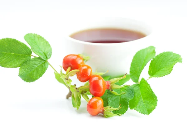 Kopje thee en rozenbottels bessen met bladeren op witte achtergrond — Stockfoto