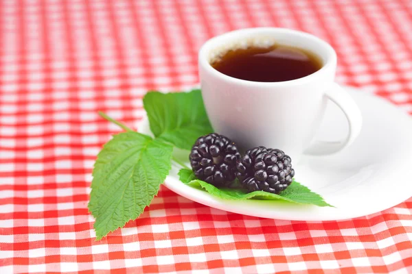 Cup of tea and blackberry with leaves on plaid fabric — Stock Photo, Image
