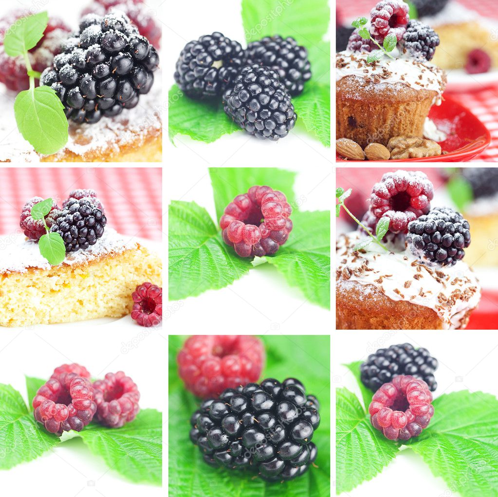Collage of cake,mint, raspberries, blackberries with green leave