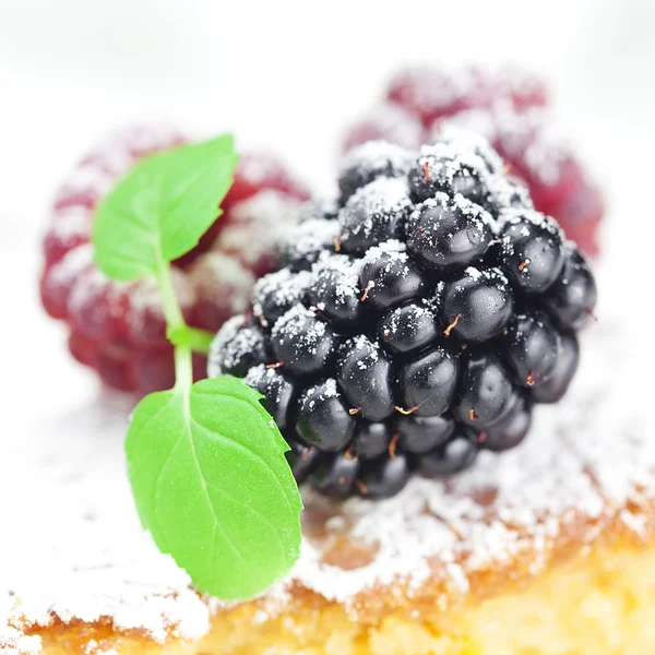 Kuchen mit Zuckerguss, Himbeere, Brombeere und Minze auf weißem Rücken — Stockfoto