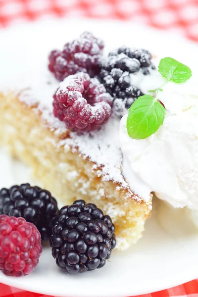 Torta és jegesedés, fagylalt, málna, szeder és a pl menta — Stock Fotó