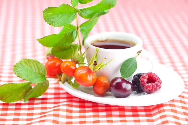 Xícara de chá, amora, framboesa e bagas de rosa mosqueta com folhas — Fotografia de Stock