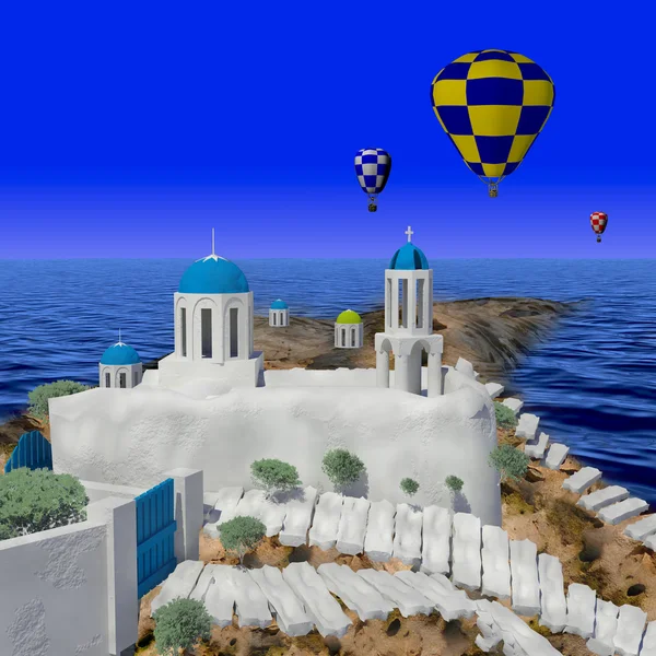 Řecko styl budovy s Barevné horkovzdušné balóny — Stock fotografie