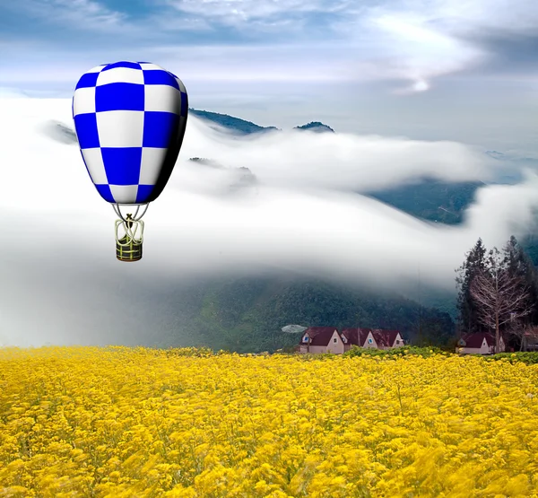 stock image Greece style building with colorful hot air balloons