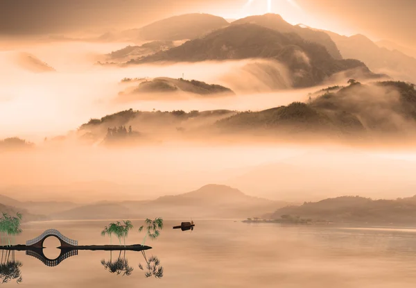 Pintura de paisagem chinesa - Pôr do sol do pescador — Fotografia de Stock
