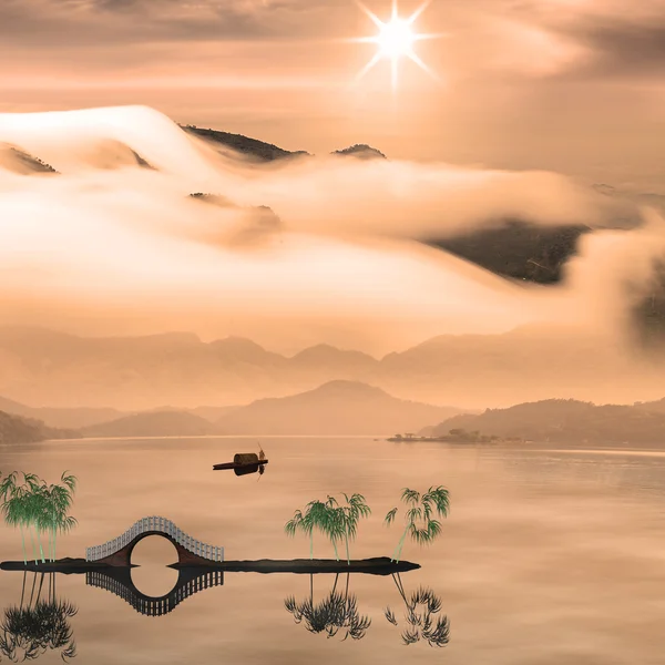 Pintura paisaje chino - Puesta de sol del pescador —  Fotos de Stock