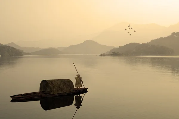 Chinese landschap schilderij - zonsondergang van visser — Stockfoto