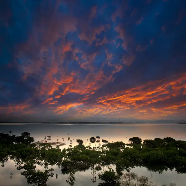 Morgon sjön landskap med soluppgång — Stockfoto