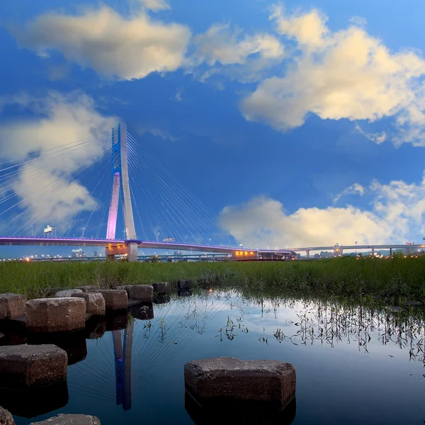 Современный неоновый световой мост ночью — стоковое фото