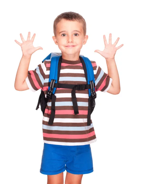 Mały chłopiec elementarne student z plecaka i sandwich Pokaż pole — Zdjęcie stockowe