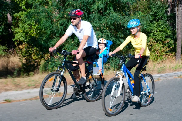Famiglia in bicicletta nella foresta soleggiata — Foto Stock