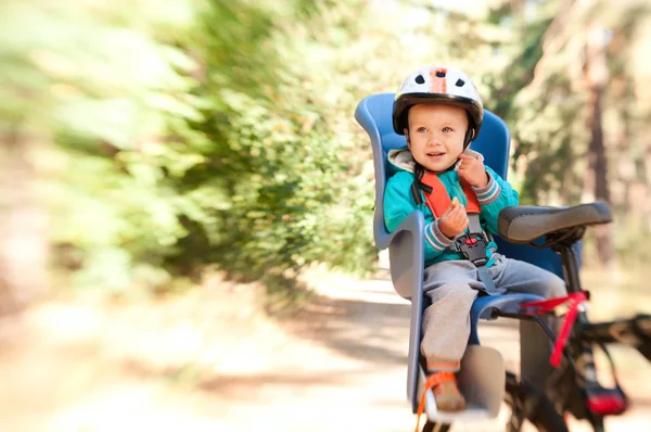 Little boy in bike child seat — Stock Photo, Image