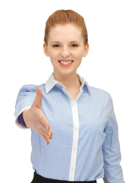 ポインターが開いた手の握手のための準備を持つ女性 — ストック写真