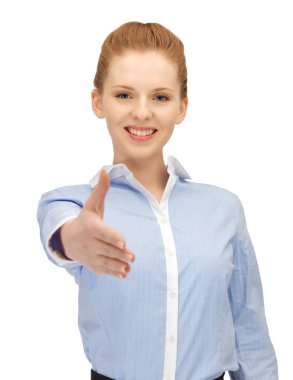 Woman with an open hand ready for handshake clipart