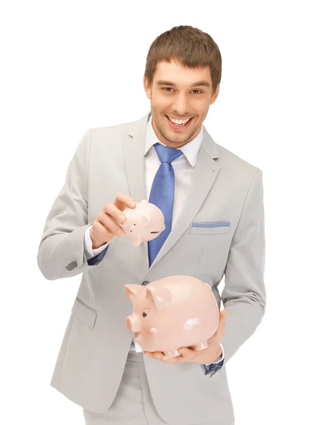 Man met varkens bank — Stockfoto