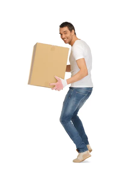 Pohledný muž s velkou krabici — Stock fotografie