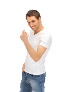 Man in white shirt making inviting gesture clipart