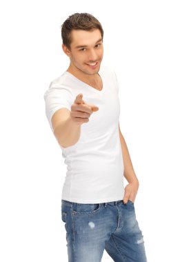 Man in white shirt pointing his finger clipart