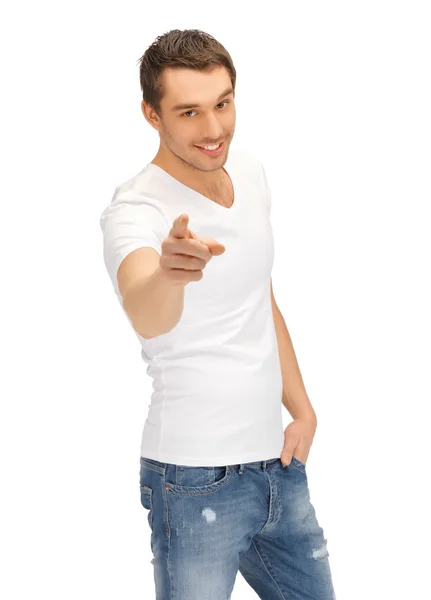 Uomo in camicia bianca che punta il dito — Foto Stock