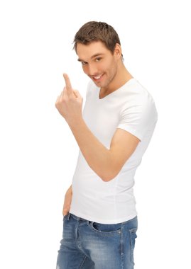 Man in white shirt making inviting gesture clipart