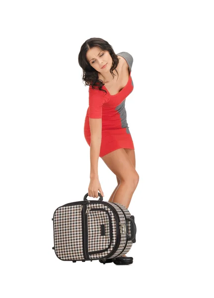 Donna infelice con valigia pesante — Foto Stock