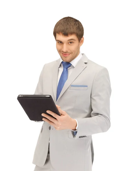 Szczęśliwy człowiek z komputerem typu tablet pc — Zdjęcie stockowe
