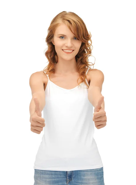 Adolescente chica en blanco camiseta blanca con pulgares hacia arriba — Foto de Stock