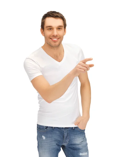 Άνθρωπος σε λευκό πουκάμισο, επισημαίνοντας το δάχτυλό του — Φωτογραφία Αρχείου