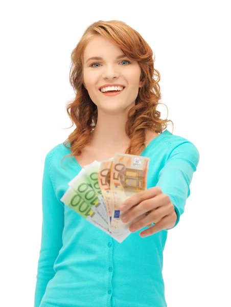 Happy teenage girl with euro cash money — Stock Photo, Image