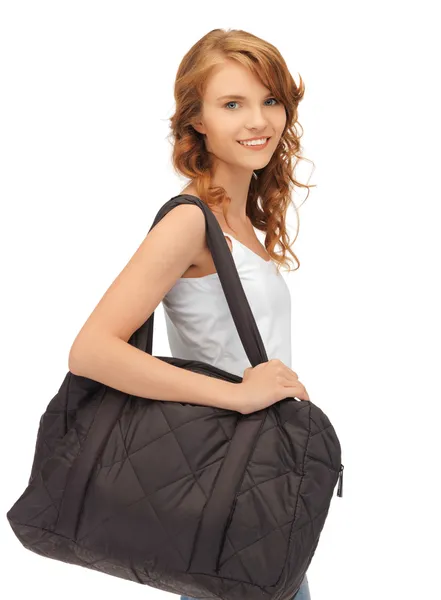 stock image Teenage girl in blank white t-shirt with bag