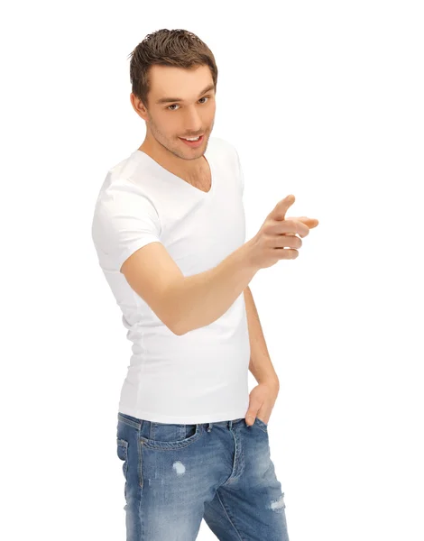 Homem de camisa branca apontando o dedo — Fotografia de Stock