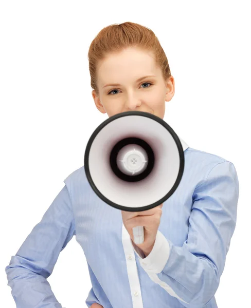 Happy woman with megaphone — Stock Photo, Image