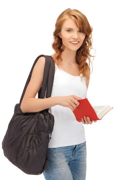 Teenage girl in blank white t-shirt with book — Stock Photo, Image