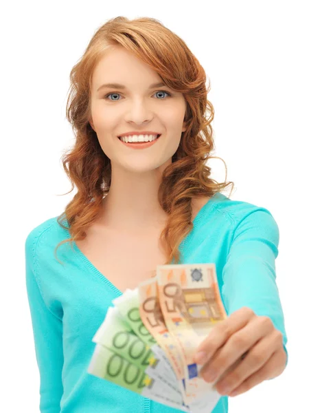 Happy teenage girl with euro cash money — Stock Photo, Image