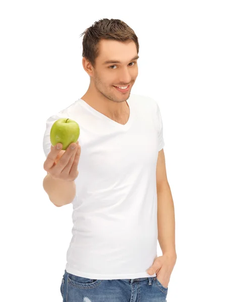 Férfi fehér inget, zöld almával — Stock Fotó