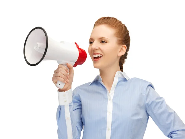 Happy woman with megaphone Stock Picture